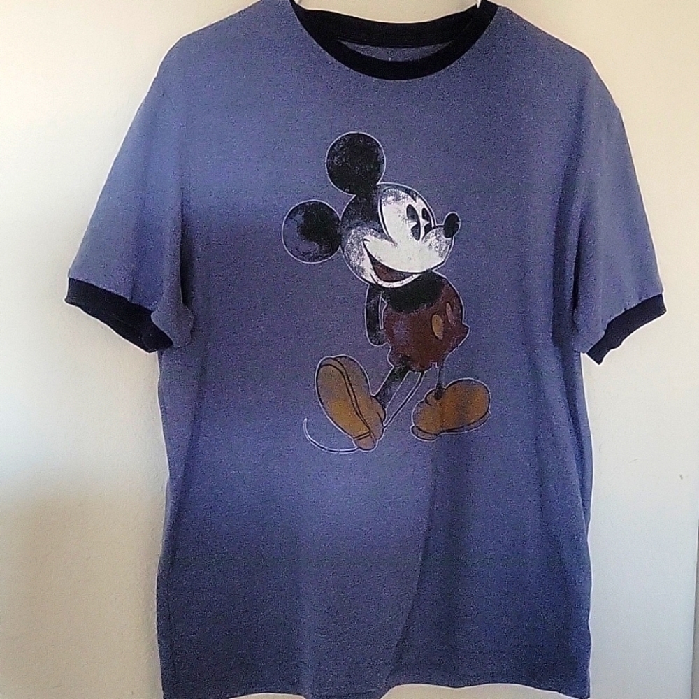 Disney Parks Mickey Mouse Ringer T-Shirt Mens Medium Blue Distressed Graphic Tee
